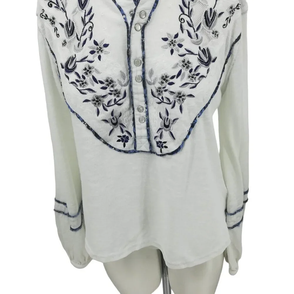 Free People Embroidered Floral Lace Henley Pearl Snap Shirt Size S Puff Sleeve